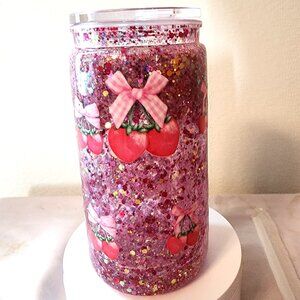 Handmade Glitter Snow Globe Cup 16 Oz. Acrylic Strawberry Lid & Straw Fast Flow.